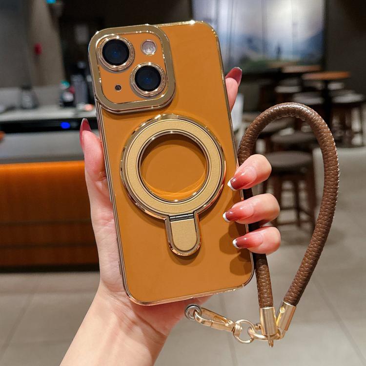 For iPhone 15 Plus Charm Eye Electroplating Metal Holder Phone Case with Lanyard