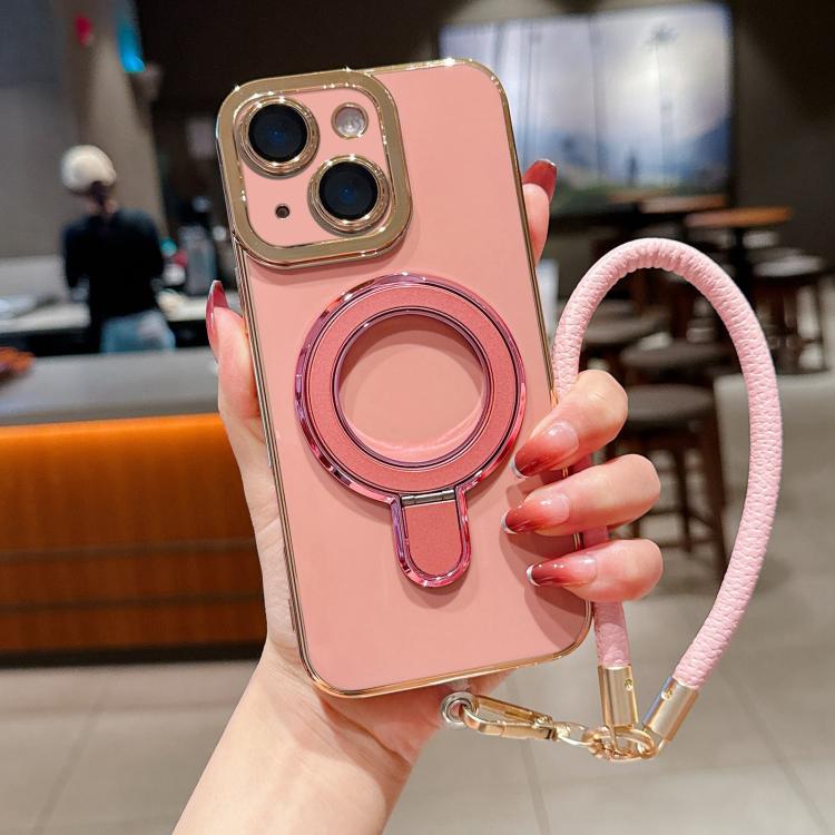 For iPhone 15 Charm Eye Electroplating Metal Holder Phone Case with Lanyard
