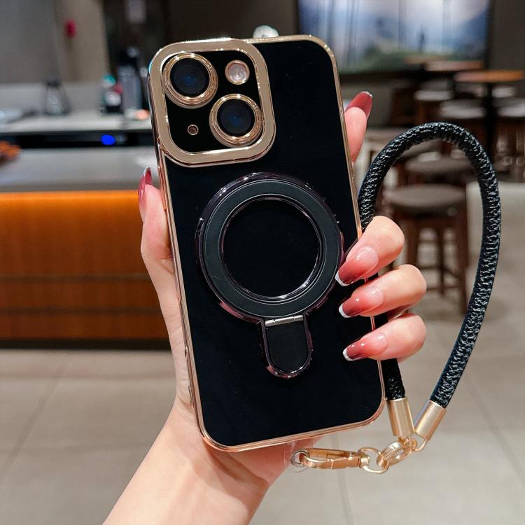 For iPhone 13 Charm Eye Electroplating Metal Holder Phone Case with Lanyard