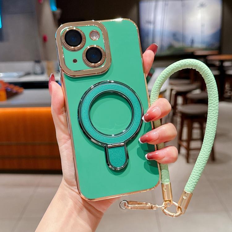 For iPhone 13 Charm Eye Electroplating Metal Holder Phone Case with Lanyard