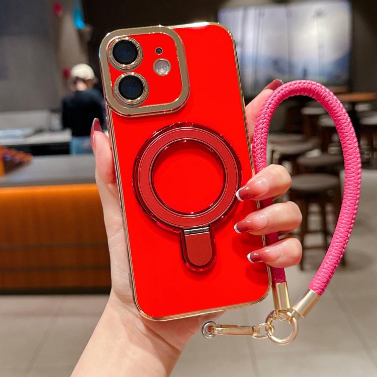For iPhone 12 Charm Eye Electroplating Metal Holder Phone Case with Lanyard