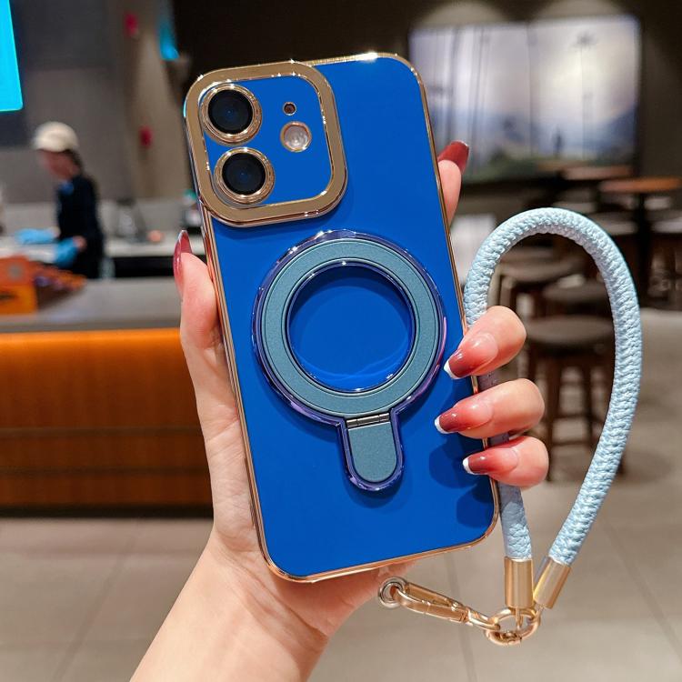 For iPhone 12 Charm Eye Electroplating Metal Holder Phone Case with Lanyard