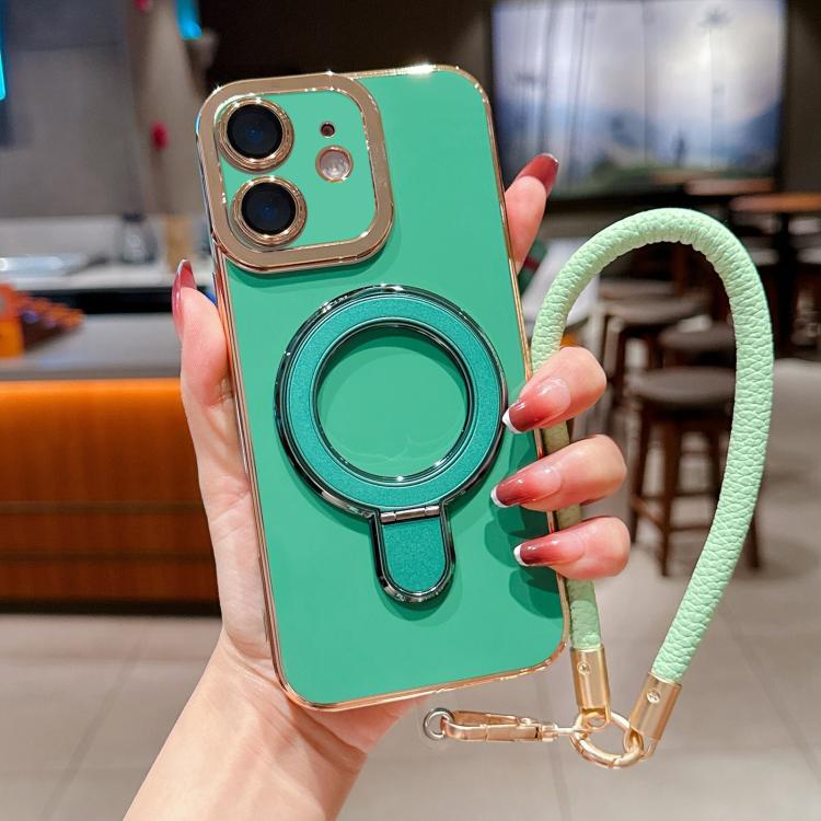 For iPhone 12 Charm Eye Electroplating Metal Holder Phone Case with Lanyard