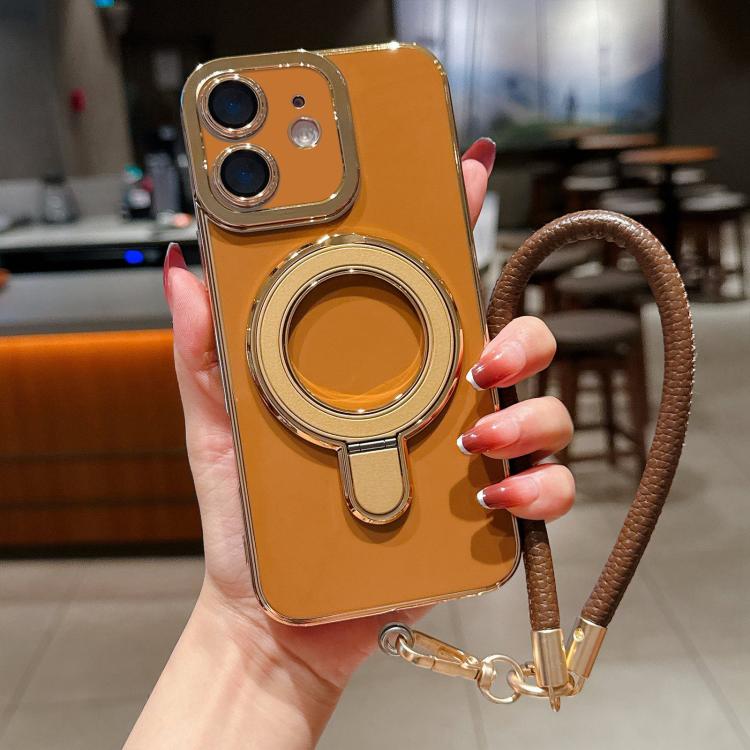 For iPhone 12 Charm Eye Electroplating Metal Holder Phone Case with Lanyard