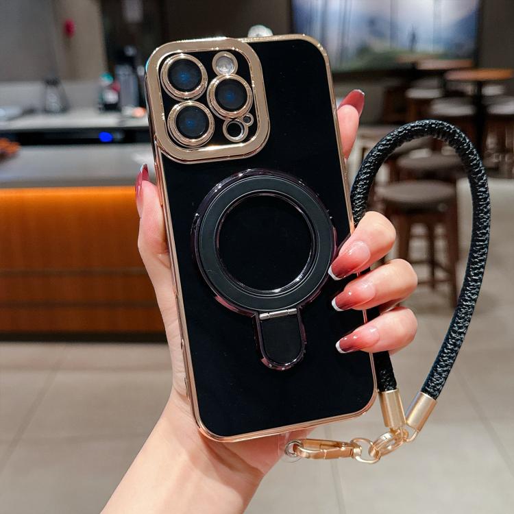 For iPhone 12 Pro Charm Eye Electroplating Metal Holder Phone Case with Lanyard