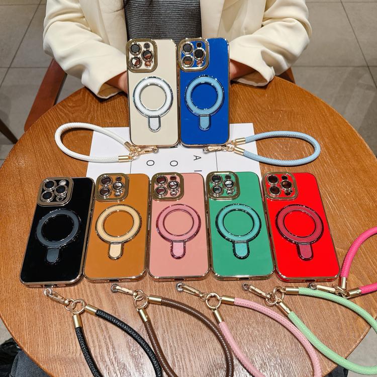 For iPhone 13 Charm Eye Electroplating Metal Holder Phone Case with Lanyard
