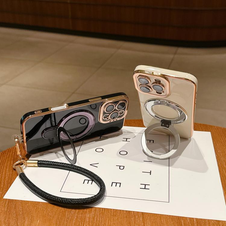 For iPhone 13 Pro Charm Eye Electroplating Metal Holder Phone Case with Lanyard