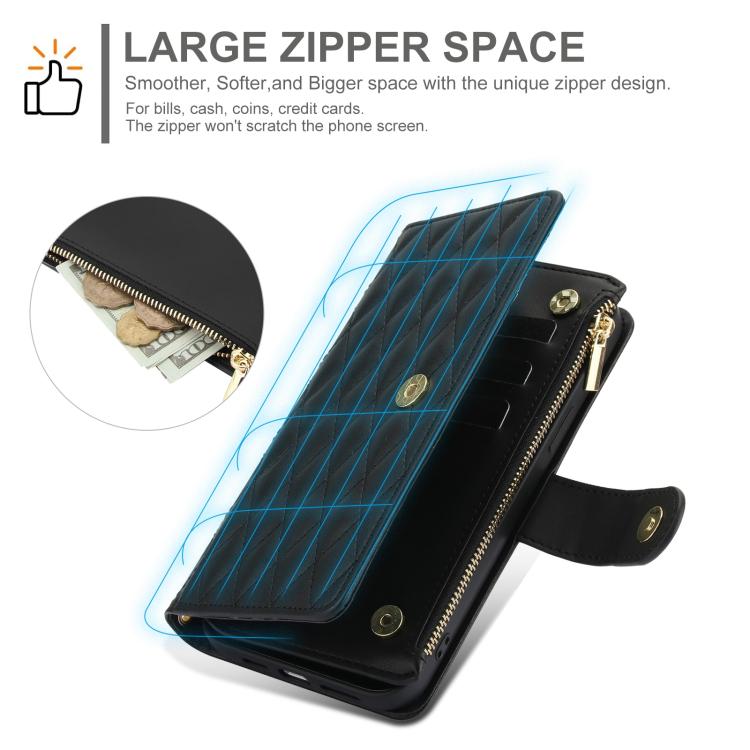 For Sony Xperia 10 VI YM016 Rhombic Zipper Card Wallet Leather Phone Case with Lanyard