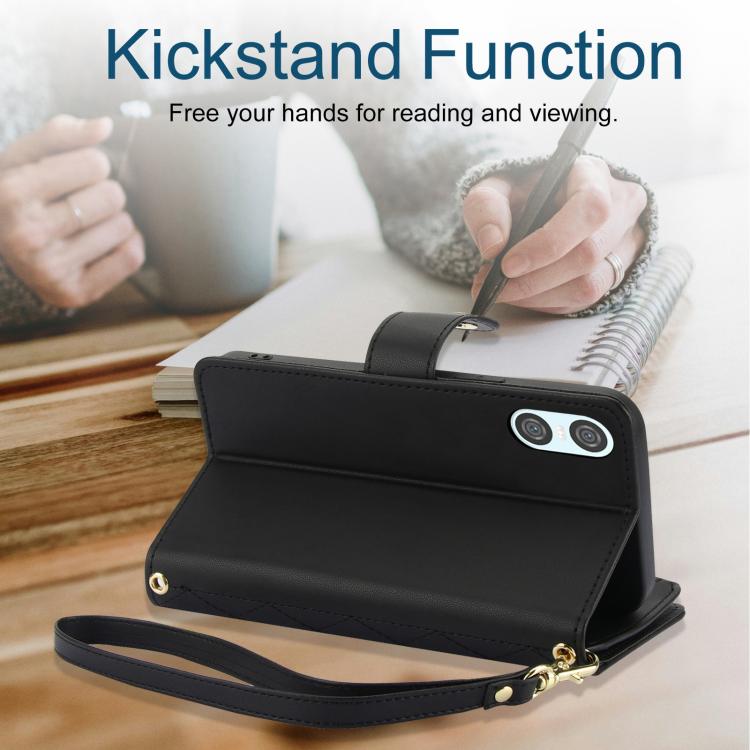 For Sony Xperia 10 VI YM016 Rhombic Zipper Card Wallet Leather Phone Case with Lanyard