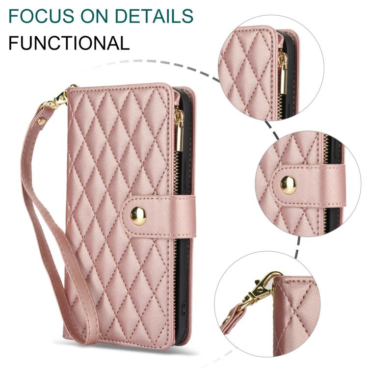 For Sony Xperia 10 VI YM016 Rhombic Zipper Card Wallet Leather Phone Case with Lanyard