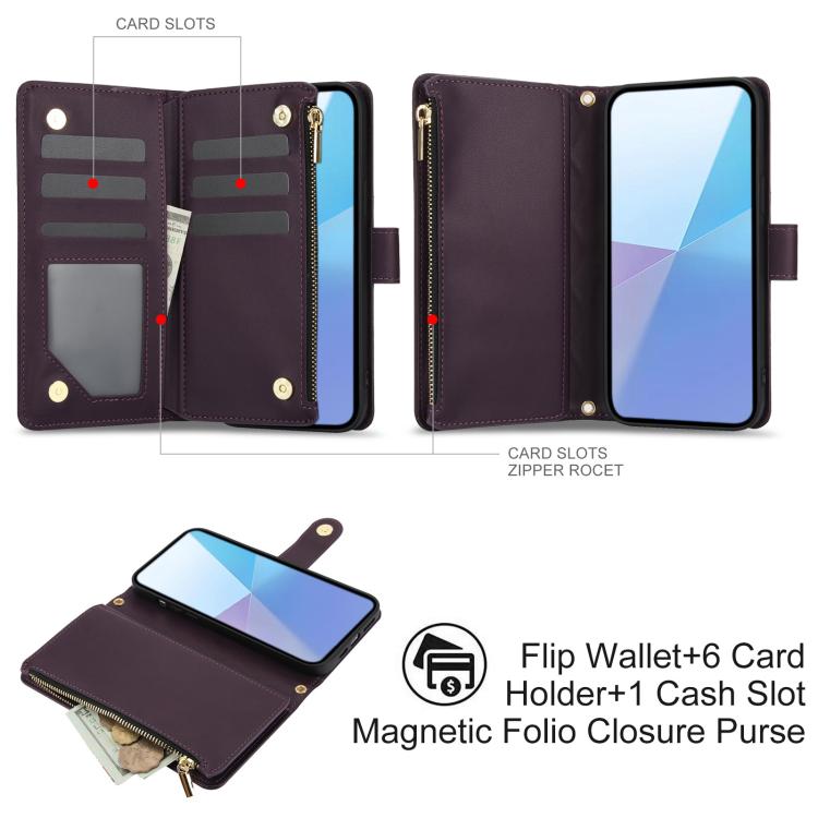 For Sony Xperia 10 VI YM016 Rhombic Zipper Card Wallet Leather Phone Case with Lanyard