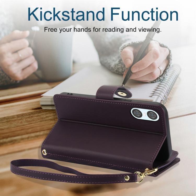 For Sony Xperia 10 VI YM016 Rhombic Zipper Card Wallet Leather Phone Case with Lanyard
