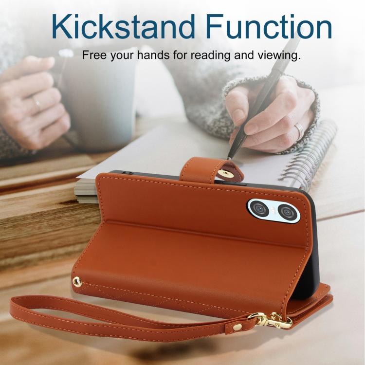 For Sony Xperia 10 VI YM016 Rhombic Zipper Card Wallet Leather Phone Case with Lanyard