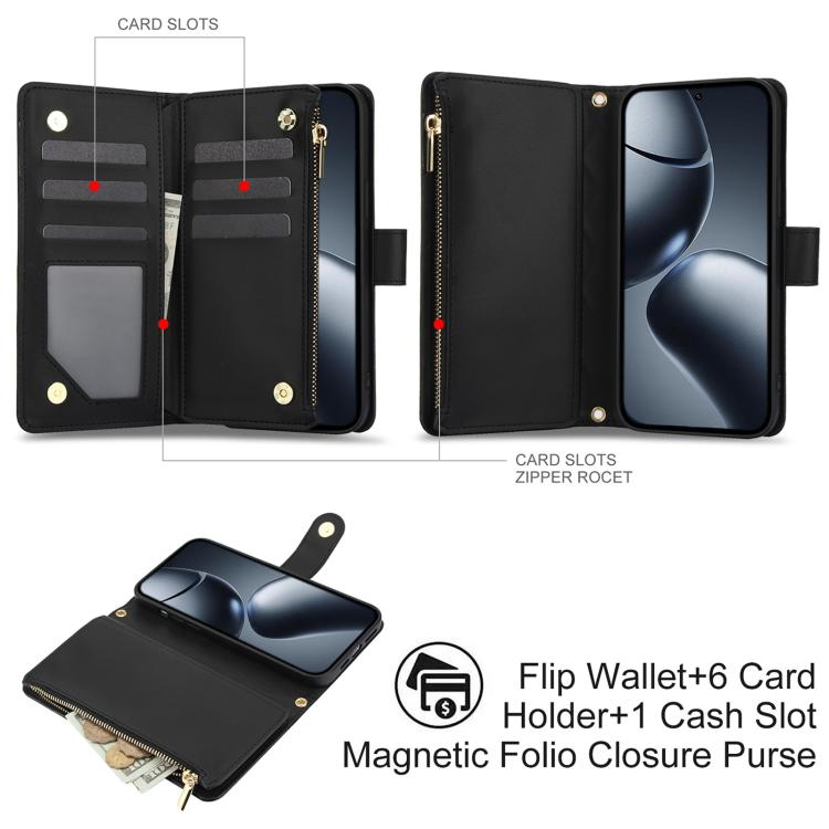 For Xiaomi 14T Pro 5G YM016 Rhombic Zipper Card Wallet Leather Phone Case with Lanyard