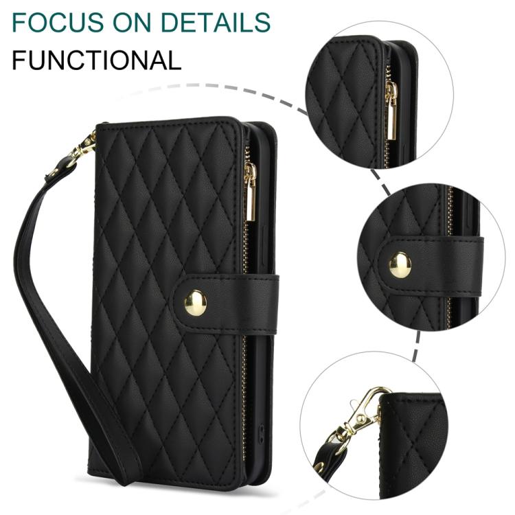For Xiaomi 17 Pro YM016 Rhombic Zipper Card Wallet Leather Phone Case with Lanyard