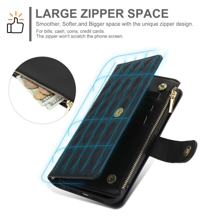 For Xiaomi 17 Pro Max YM016 Rhombic Zipper Card Wallet Leather Phone Case with Lanyard