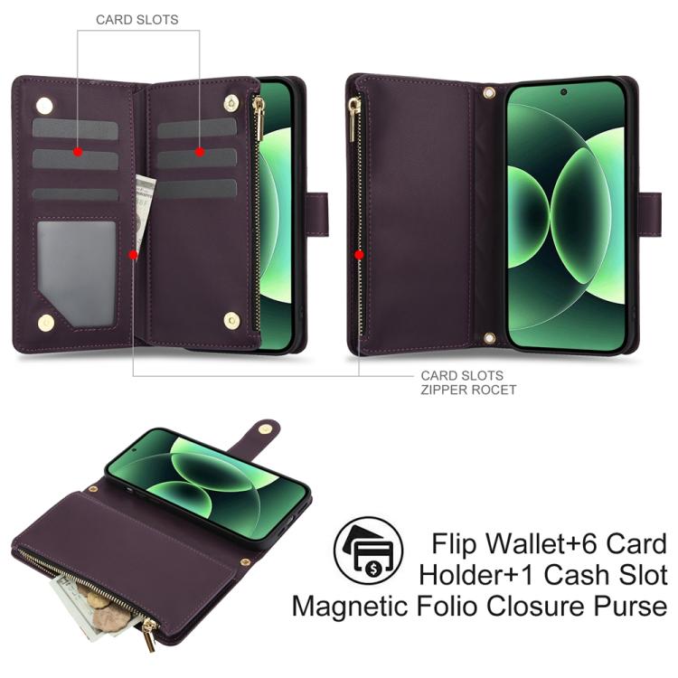 For Xiaomi 17 Pro Max YM016 Rhombic Zipper Card Wallet Leather Phone Case with Lanyard
