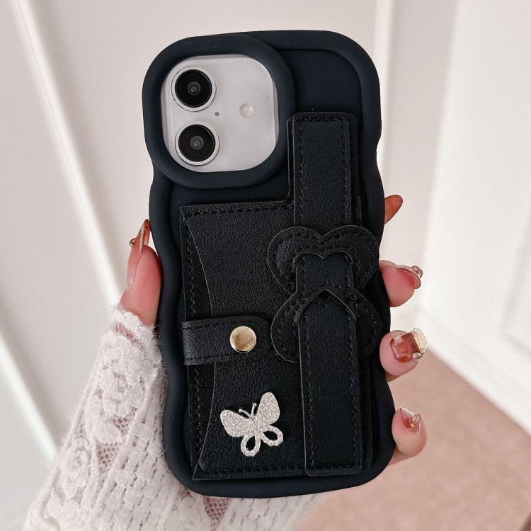 For iPhone 16 Plus Wristband Leather Love Holder Card Bag Phone Case