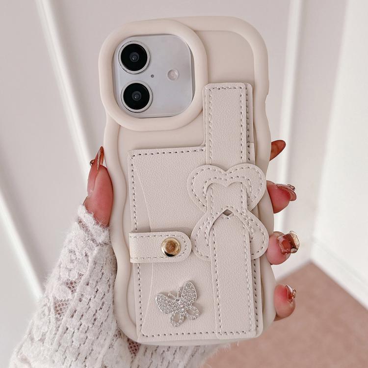 For iPhone 16 Plus Wristband Leather Love Holder Card Bag Phone Case