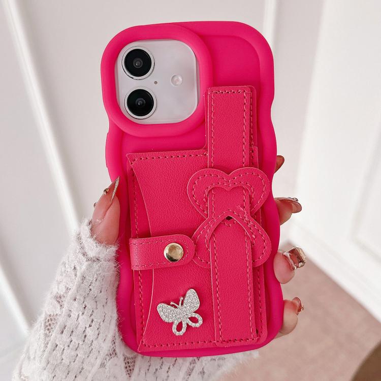 For iPhone 16 Wristband Leather Love Holder Card Bag Phone Case