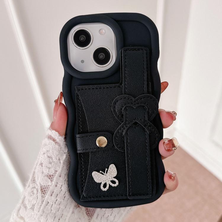 For iPhone 15 Wristband Leather Love Holder Card Bag Phone Case