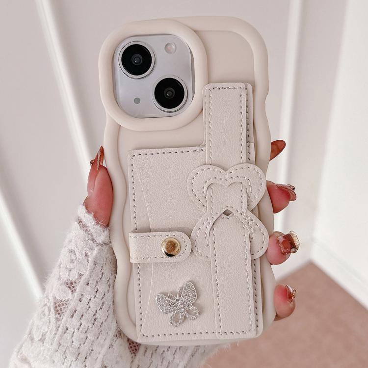 For iPhone 15 Wristband Leather Love Holder Card Bag Phone Case