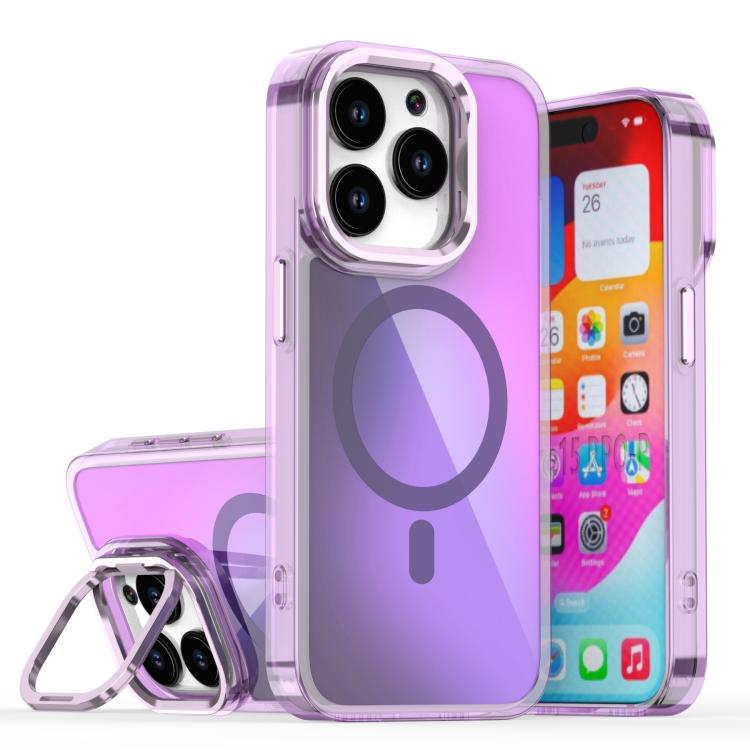 For iPhone 15 Pro Plating Gradient Discolor MagSafe Phone Case with Holder