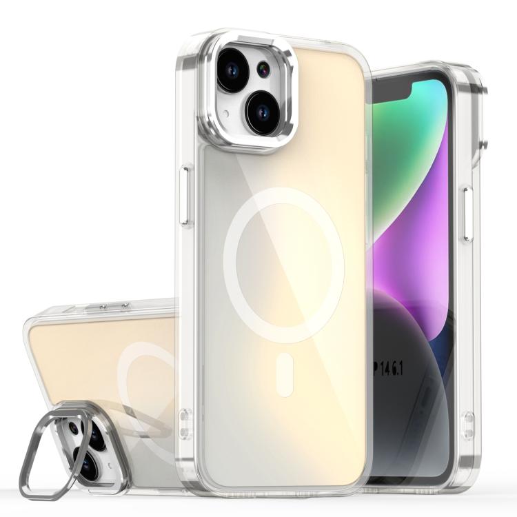 For iPhone 15 Plus Plating Gradient Discolor MagSafe Phone Case with Holder