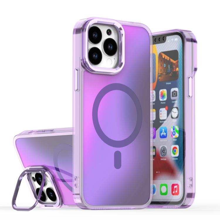 For iPhone 14 Pro Max Plating Gradient Discolor MagSafe Phone Case with Holder