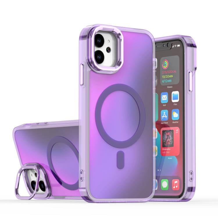 For iPhone 11 Plating Gradient Discolor MagSafe Phone Case with Holder