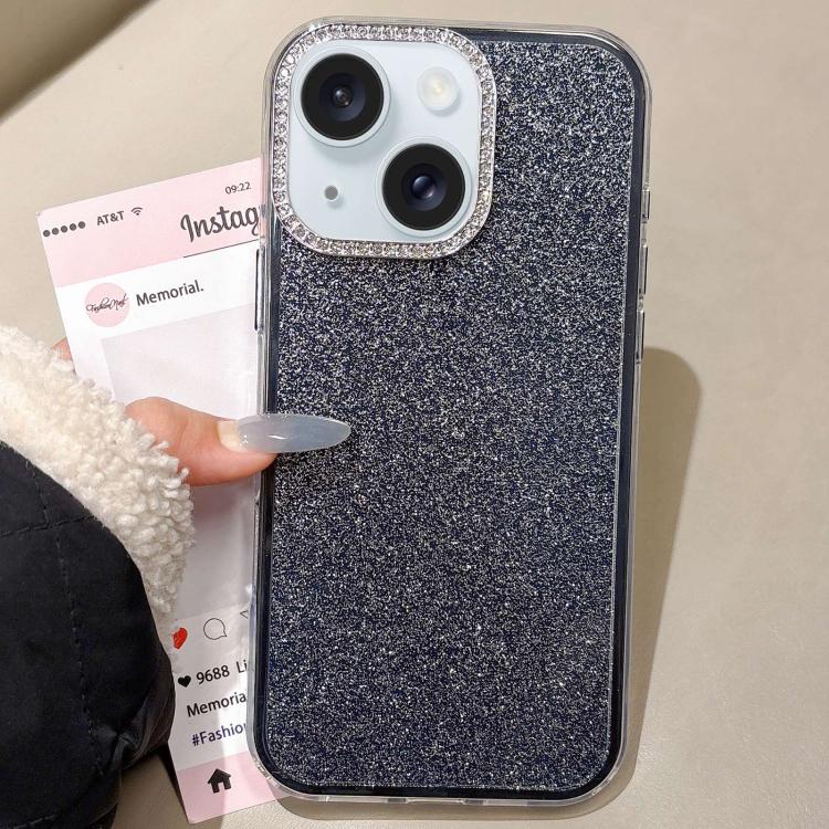 For iPhone 15 Plus Rhinestone-Embedded Camera Frame Glitter Full Coverage Phone Case
