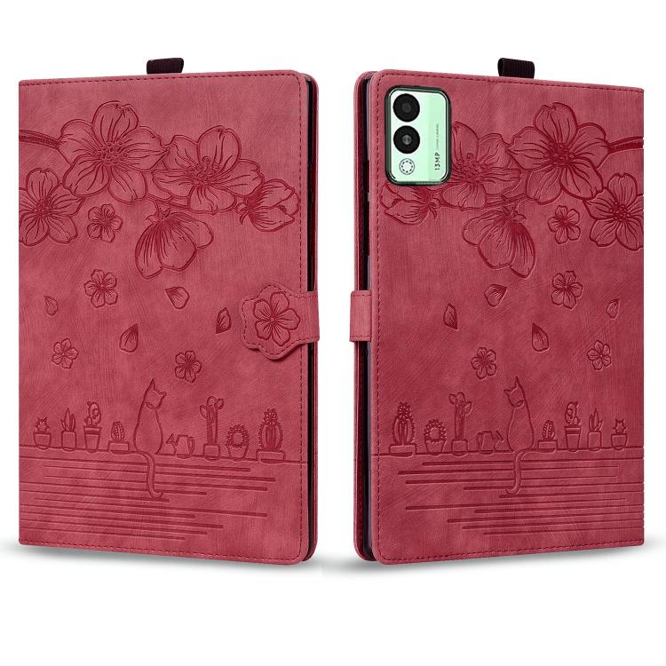 For Tecno MegaPad 11 Cartoon Sakura Cat Embossed Leather Tablet Case