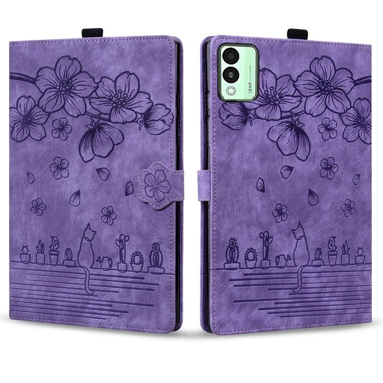 For Tecno MegaPad 11 Cartoon Sakura Cat Embossed Leather Tablet Case