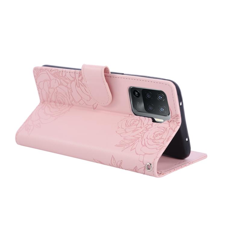 For OPPO A94 4G / F19 Pro Rose Flower Embossed 3-Card Slots Leather Phone Case