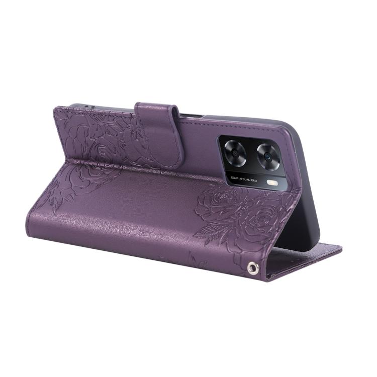 For OPPO A77 Rose Flower Embossed 3-Card Slots Leather Phone Case