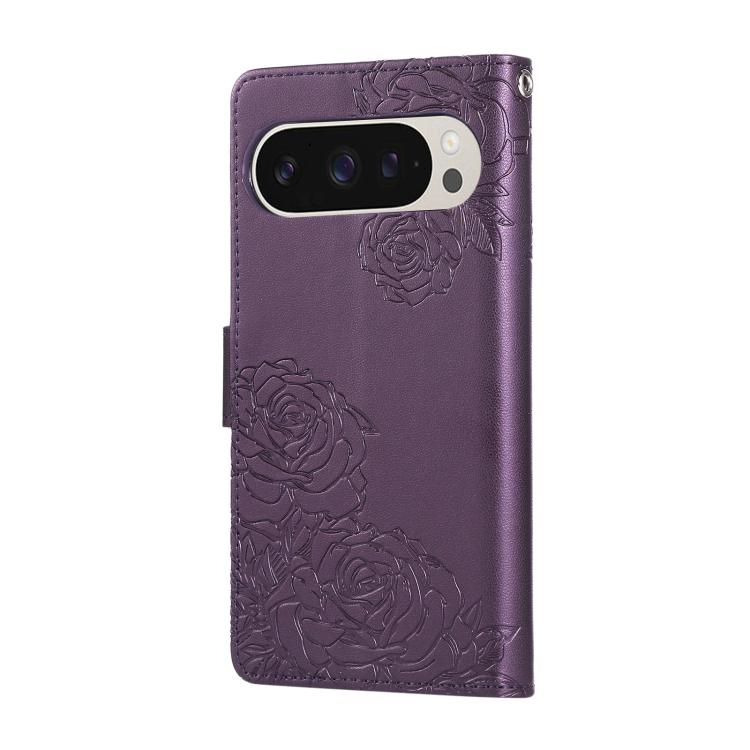 For Google Pixel 9 / 9 Pro Rose Flower Embossed 3-Card Slots Leather Phone Case