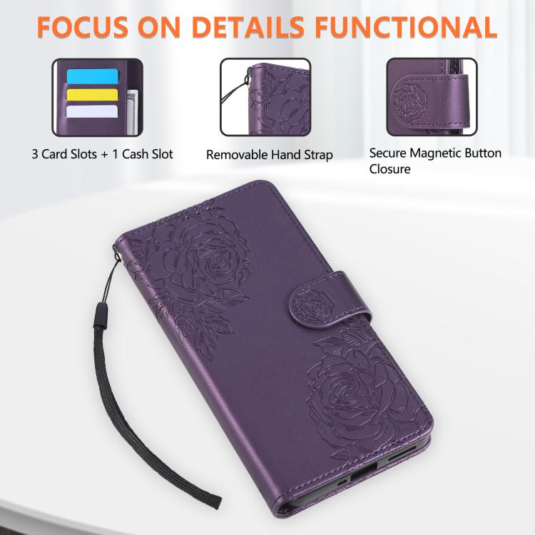 For Redmi Note 14 Pro 4G Rose Flower Embossed 3-Card Slots Leather Phone Case