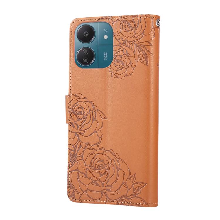 For Redmi 13C 4G / 5G / Poco C65 Rose Flower Embossed 3-Card Slots Leather Phone Case