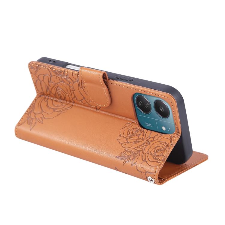 For Redmi 13C 4G / 5G / Poco C65 Rose Flower Embossed 3-Card Slots Leather Phone Case