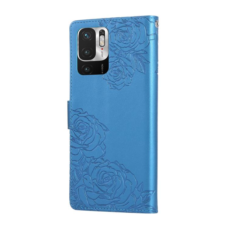 For Redmi Note 10 5G / Poco M3 Pro Rose Flower Embossed 3-Card Slots Leather Phone Case