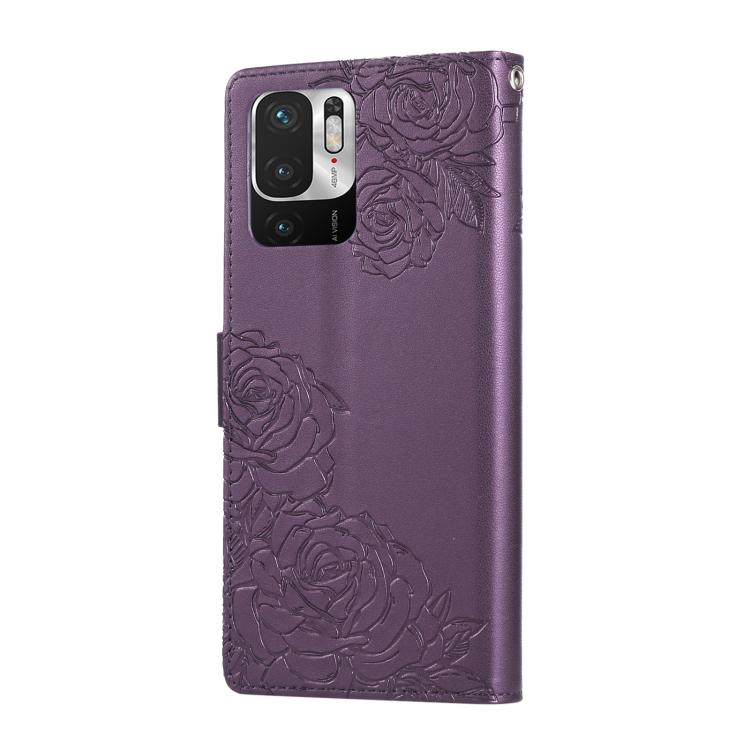 For Redmi Note 10 5G / Poco M3 Pro Rose Flower Embossed 3-Card Slots Leather Phone Case