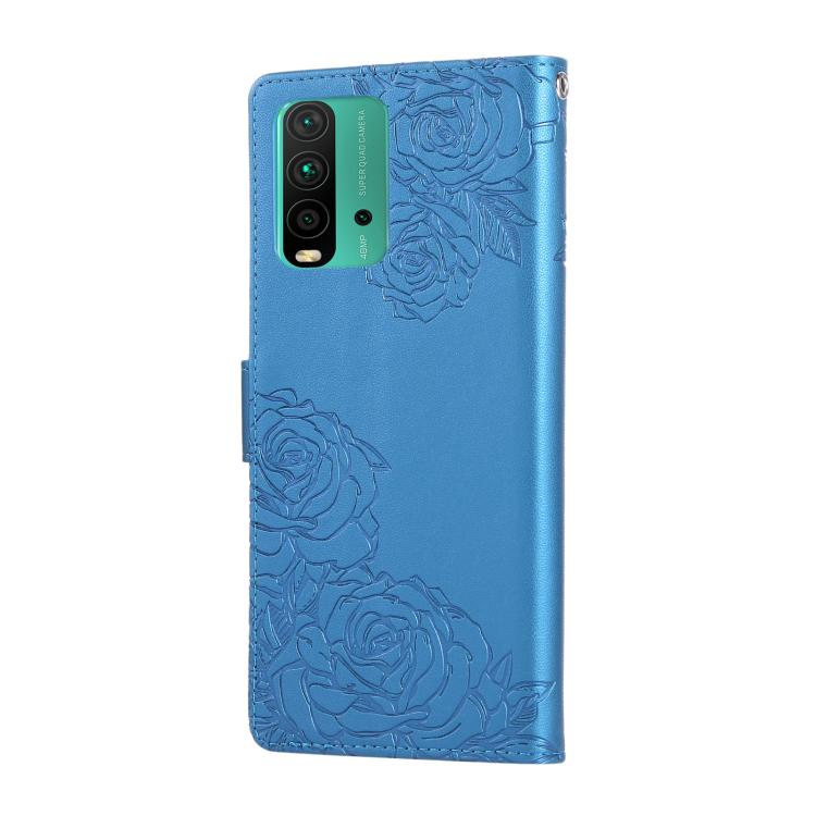 For Redmi 9T / Note 9 Power Rose Flower Embossed 3-Card Slots Leather Phone Case