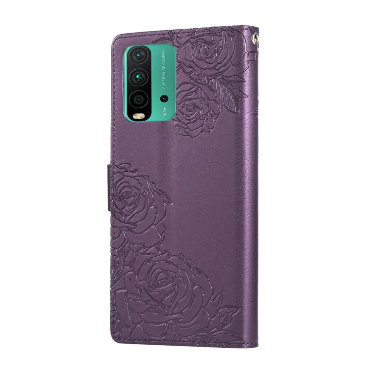 For Redmi 9T / Note 9 Power Rose Flower Embossed 3-Card Slots Leather Phone Case