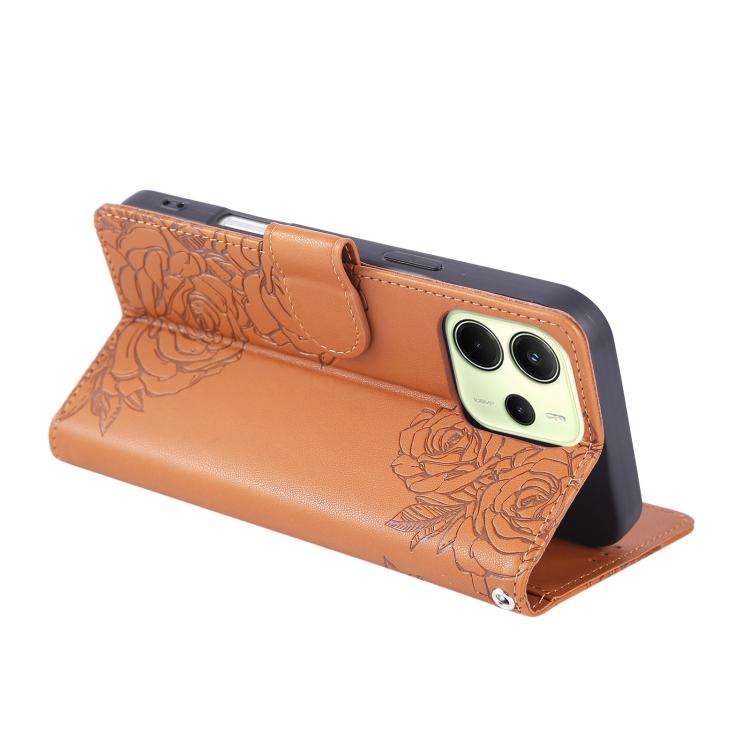 For Redmi Note 14 4G 164.84mm Rose Flower Embossed 3-Card Slots Leather Phone Case
