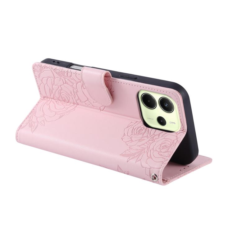 For Redmi Note 14 4G 164.84mm Rose Flower Embossed 3-Card Slots Leather Phone Case