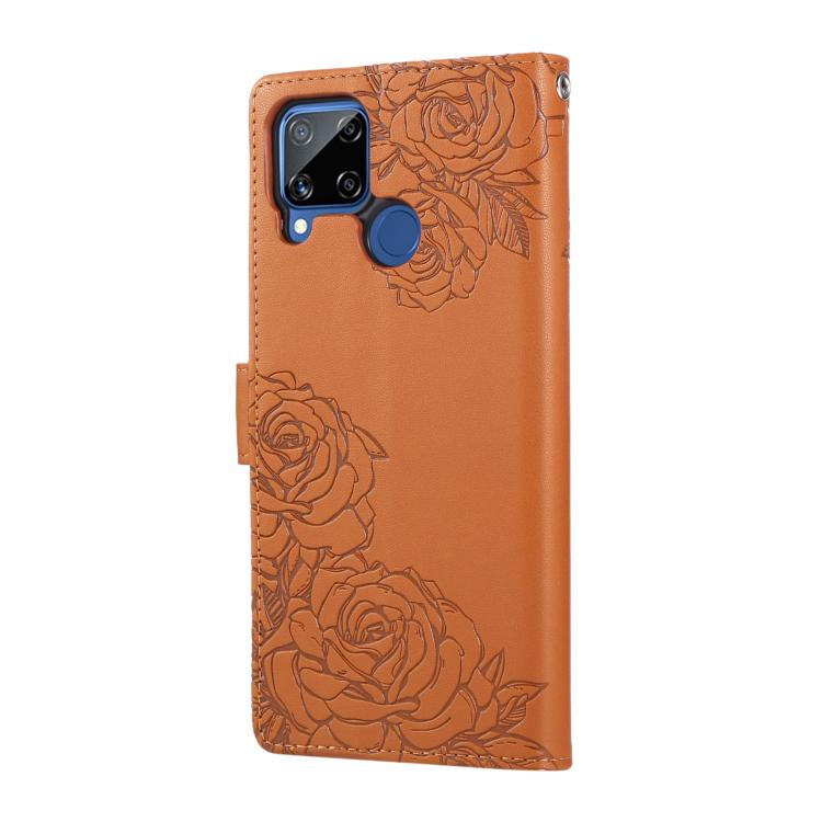 For Realme C25 / C12 / C15 Rose Flower Embossed 3-Card Slots Leather Phone Case