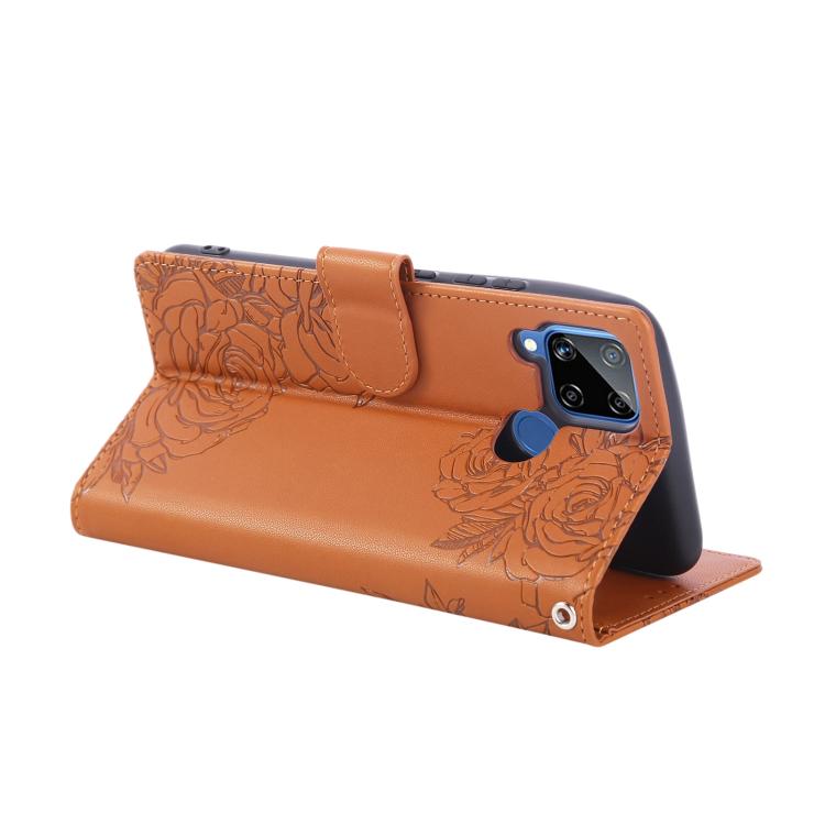 For Realme C25 / C12 / C15 Rose Flower Embossed 3-Card Slots Leather Phone Case