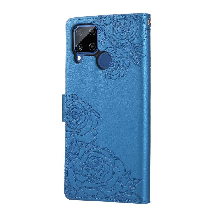 For Realme C25 / C12 / C15 Rose Flower Embossed 3-Card Slots Leather Phone Case