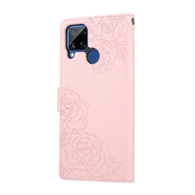For Realme C25 / C12 / C15 Rose Flower Embossed 3-Card Slots Leather Phone Case