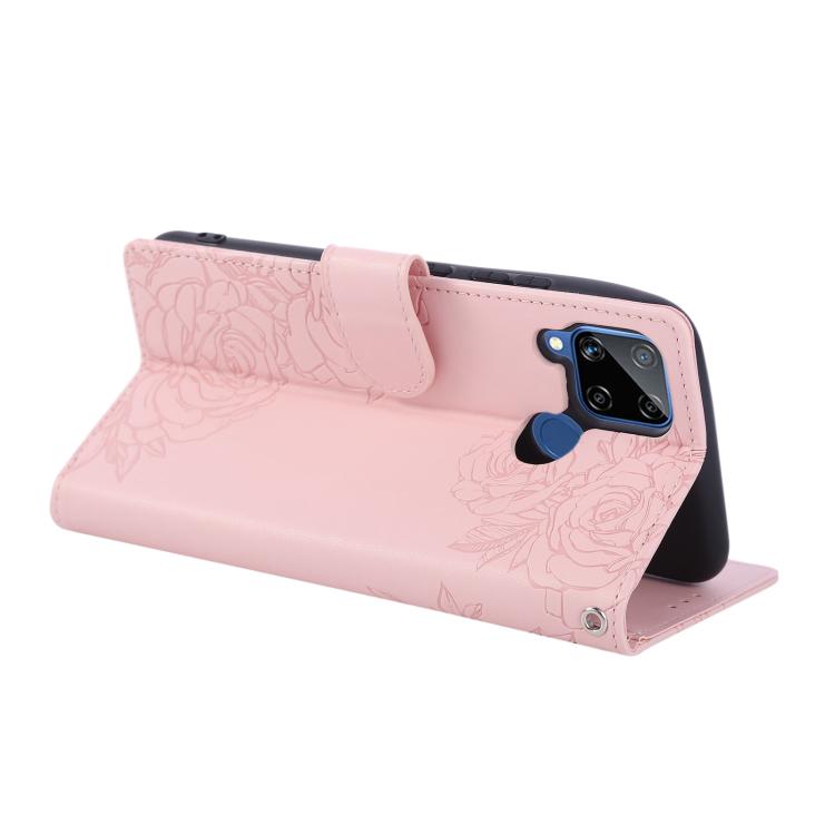 For Realme C25 / C12 / C15 Rose Flower Embossed 3-Card Slots Leather Phone Case